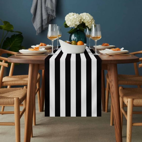 Black White Horizontal Stripe Table Runner-36 Inch Long Simple Texture Table Runners Linen Burlap Tablerunner for Kitchen Dining Room Holiday Party