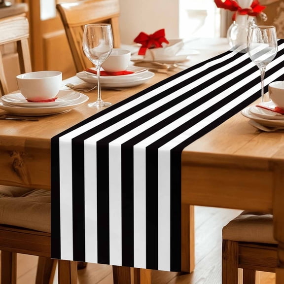 Black White Horizontal Stripe Table Runner 36 Inches Long,Kitchen Dining Tablerunners Simple Texture Linen Table Runners Dresser Scarves for Home Dinner Wedding Holiday Party Decor