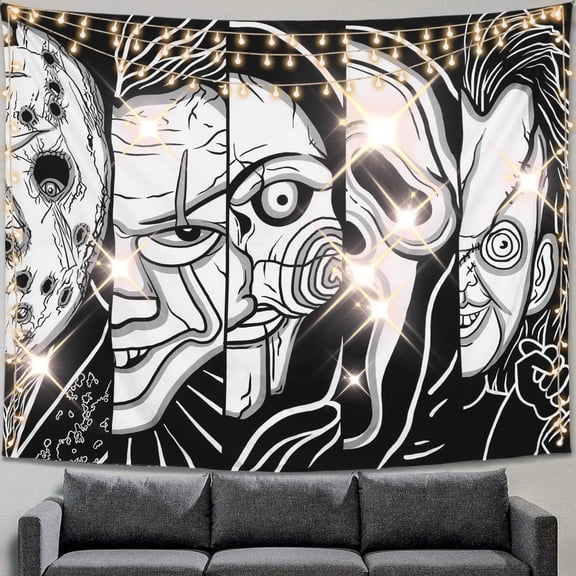Black White Horror Face Tapestry Trippy Wall Hanging Halloween Decor, Party Tapestry for Bedroom, Living Room (59" x 78")