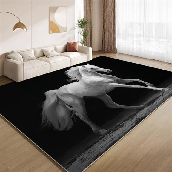 Black White Horse Area Rugs, 3D Wild Animal Pattern Carpet, Washable Non Slip Low Pile Soft Rug for Living Room Bedroom Decor Mat 2x3ft