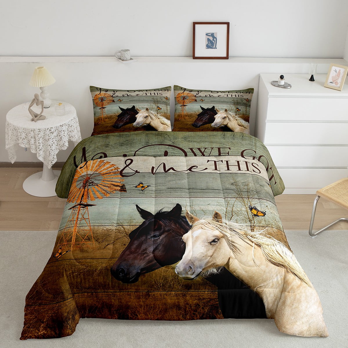 Black and White Horse Comforter Set Western Bedding Sets King,Garden