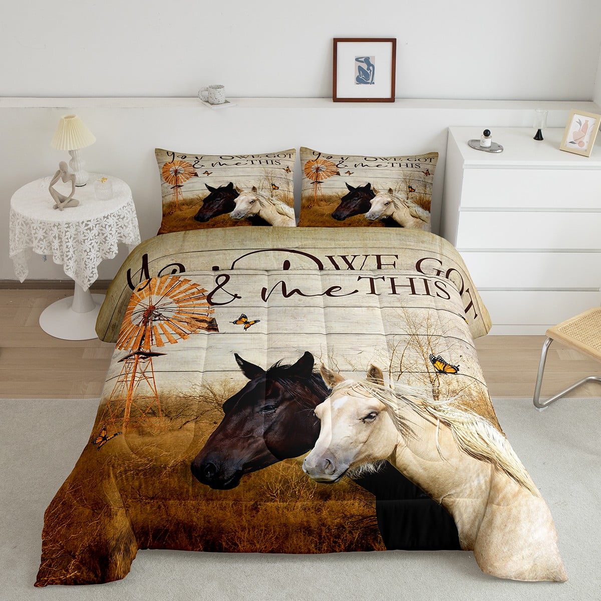 Black and White Horse Comforter Set Western Bedding Sets Twin,Garden