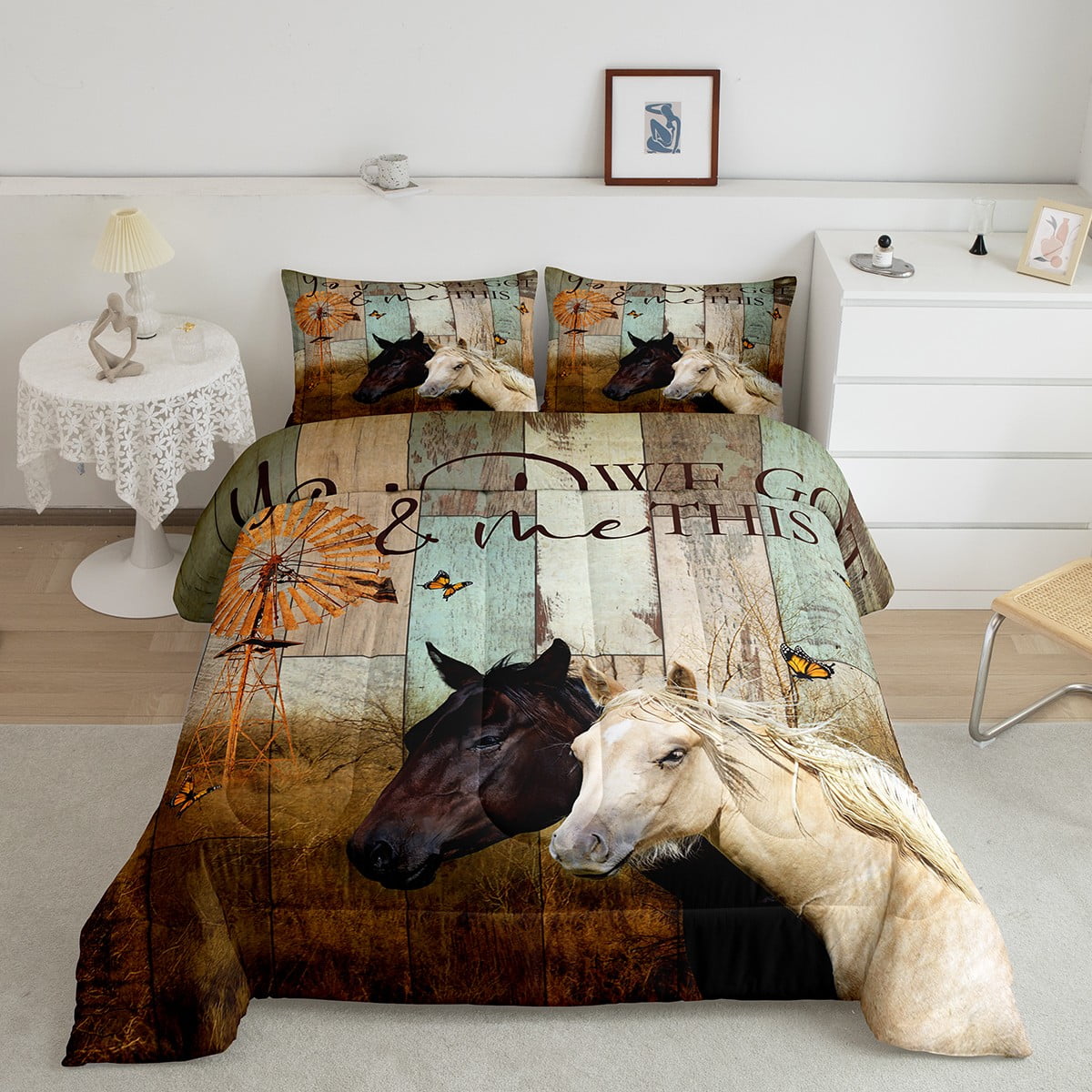 Black and White Horse Comforter Set Western Bedding Sets Twin,Garden