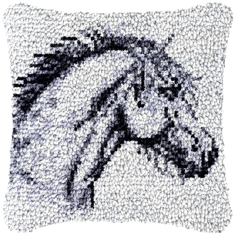 Black White Horse Latch Hook Pillow Cover Kits for DIY Handmade Throw Pillow Cross Stitch Latch Hook Pillowcase Rug Kits with Preprinted Color Pattern Canvas Crochet Yarn Kits 17''X 17''(bs130)
