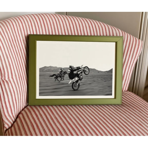 Black White Horse Motorcycle Desert Wall Art, Unframed Paper Print Size 8x12