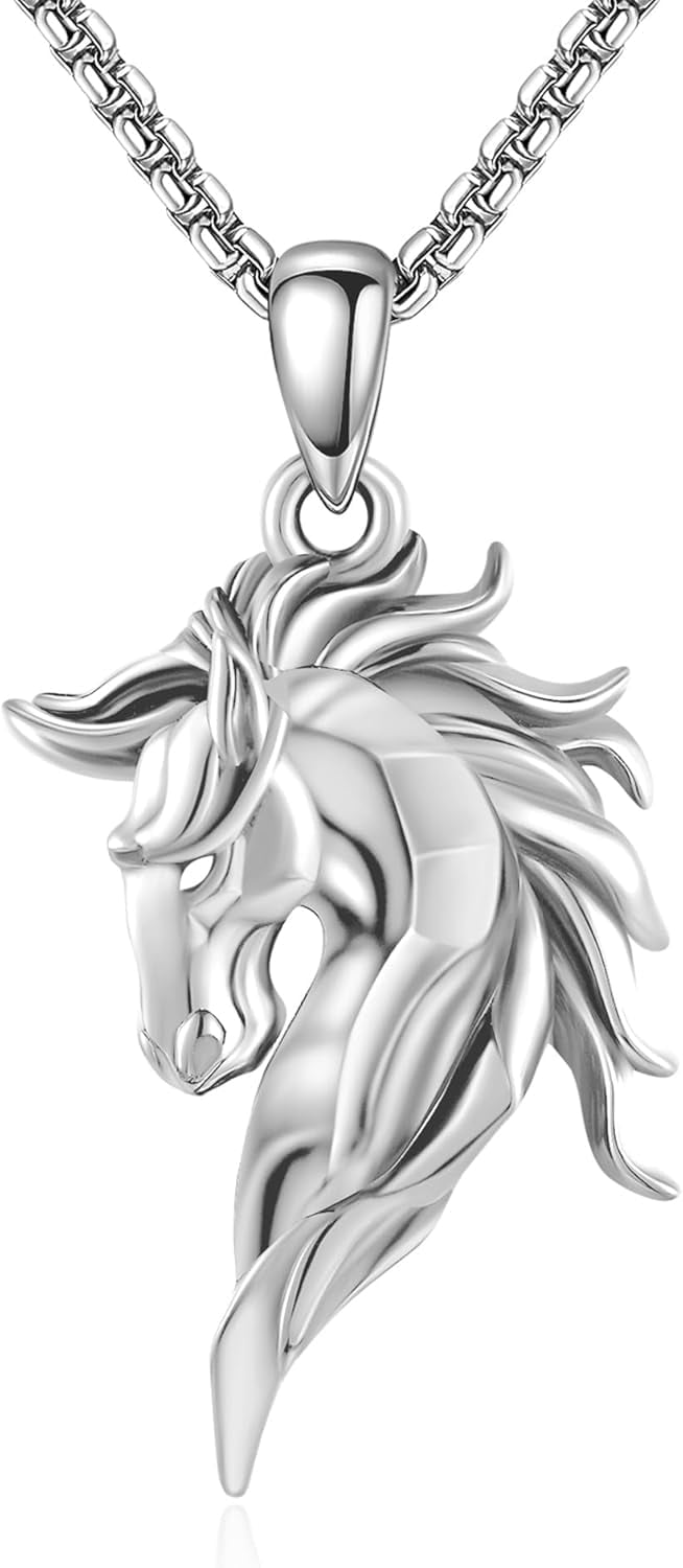 Black/White Horse Pendant Necklace 925 Stelring Silver Equestrian Horse Jewelry Gift for Men Stainless Steel Rolo Chain 22+2inches