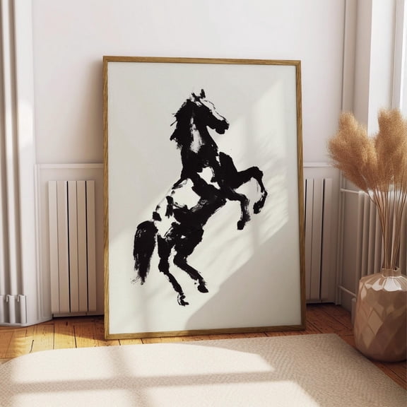 Black And White Horse Wall Art Print, Equestrian Silhouette Poster, Western Ranch Décor, Minimalist Horse Artwork, Oil Painting, Print, Unfreamed 8x12