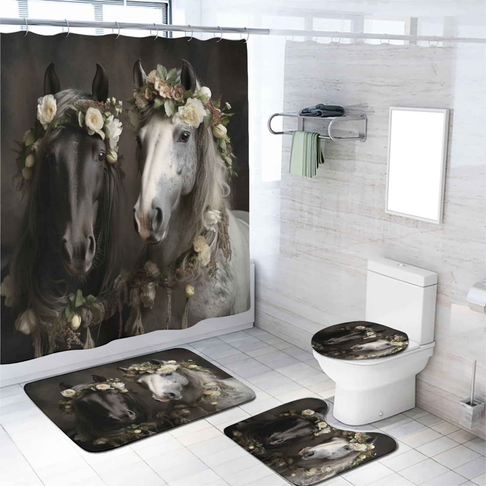 Black White Horses Shower Curtain Sets with Non-Slip Rug Rustic Wildlife Animal Floral Bathroom Sets Decor Accessories with Non-Slip Rug Toilet Lid Cover Bath Mat and 12 Hooks, 72x72 Inch