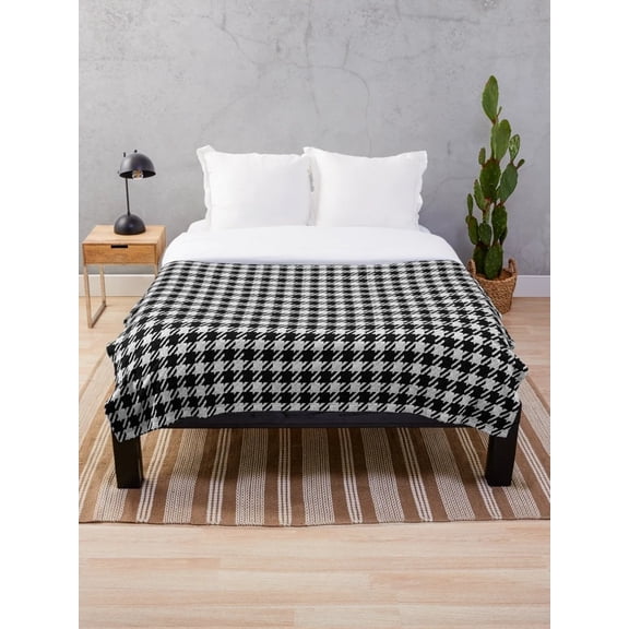 Black White Houndstooth Sherpa Throw Blanket, 2-Layer Polyester Fleece Bed & Sofa Blanket