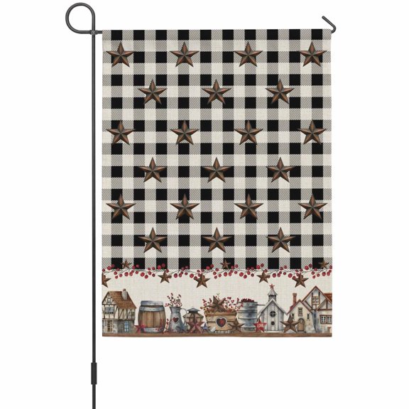 Black White House Flags For Outdoor, Buffalo Plaid Country Star Barn Barrel Farmhouse Small Double Side Yard Flags Weather Proof House Decor for Lawn Outside Holiday 28 x 40 Inches