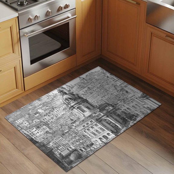 Black and White Illustration 2x3 Rug for Entryway Front Door Kitchen Sink Area, European Classical Architectural Low Pile Washable Non Slip Rectangle Area Rug