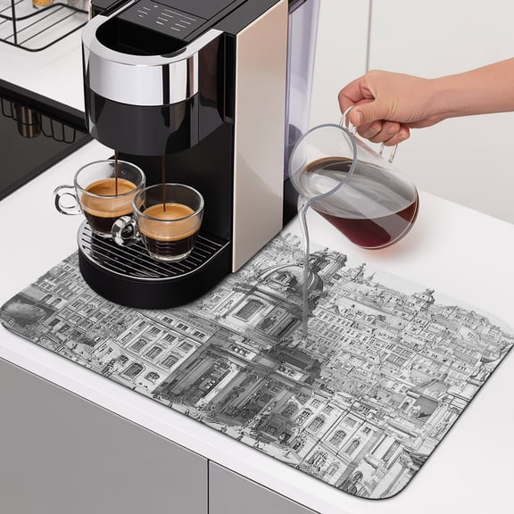Black and White Illustration Dish Drying Mats for Kitchen Counter, European Classical Architectural Absorbent Coffee Bar Mat with Non-slip Rubber Backed Quick Drying Dish Rack Pad 12"x16"