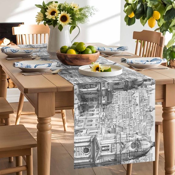 Black and White Illustration Table Runner, European Classical Architectural Washable Kitchen Table Runners Dress Scarves for Dining Table Decorations Party/Restaurant/Indoor Outdoor Use, 13x36in
