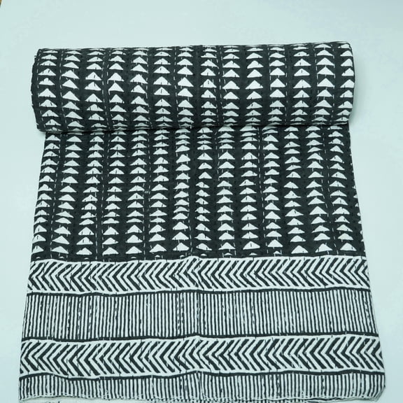 Black White Indian Kantha Quilt | Handmade Cotton Bedspread | Geometric Block Print Quilt | Soft Lightweight blanket for Modern Home Decor