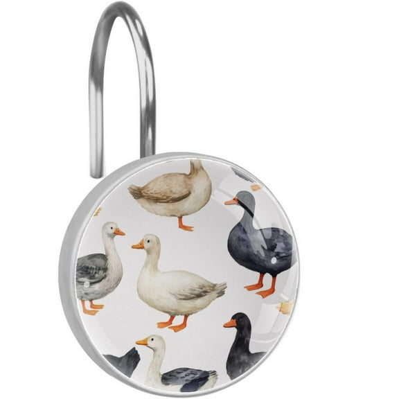 Black White Indian Runner Ducks Shower Curtain Hooks Round Crystal Glass, Set of 12 Shower Curtain Rings - Shower Hooks for Curtain Shower Rings