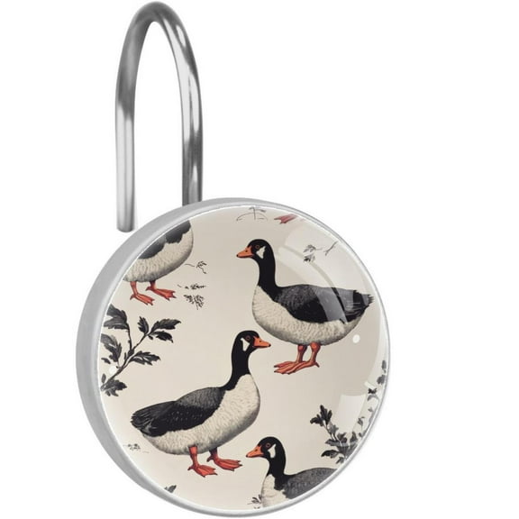Black-White Indian Runner Ducks Shower Curtain Hooks Round Crystal Glass, Set of 12 Shower Curtain Rings - Shower Hooks for Curtain Shower Rings