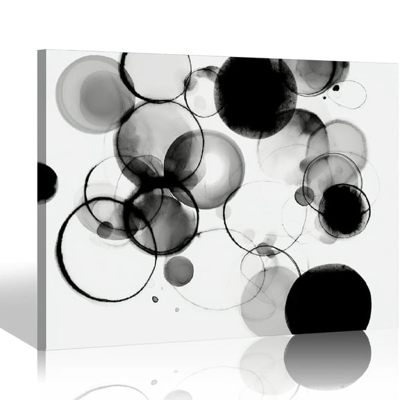 Black White Ink Bubble Abstract Canvas Wall Art Minimalist Circular Watercolor Print Framed Canvas Ready to Hang Modern Neutral Decor for Living Room Bedroom Office
