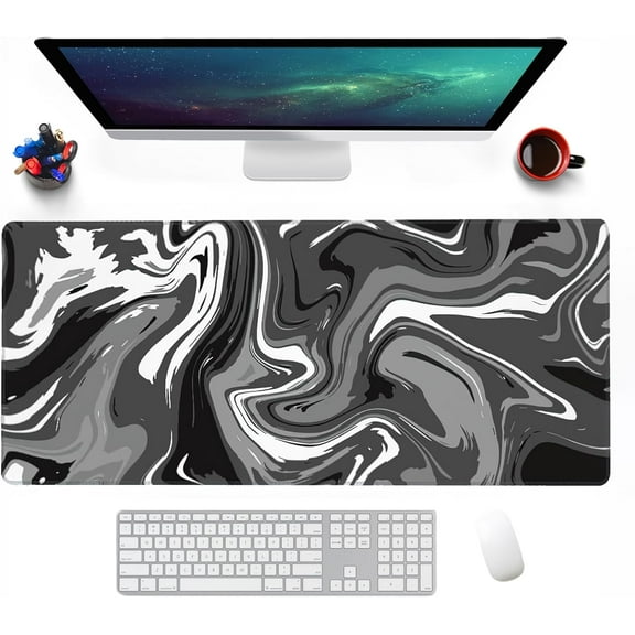 Black White Ink Liquid Mouse Pad XXL Extended Abstract Waves Desk Pad Non-Slip Rubber Base Waterproof Mouse Mats Stitched Edge Long Office Mousepad(Size:35.4x15.7in)