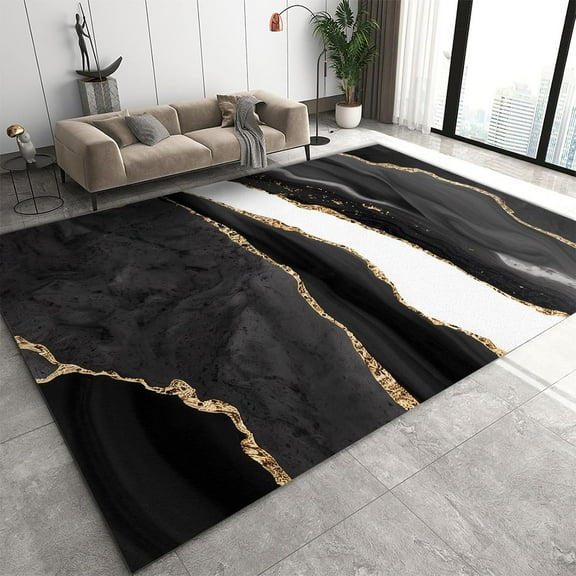 Black White Ink Painting Area Rug 2' x 3' Entryway Rug, Abstract Gray Gold Lines Art Indoor Washable Rug, Contemporary Accent Throw Rug for Living Room Bedroom Kitchen Rugs