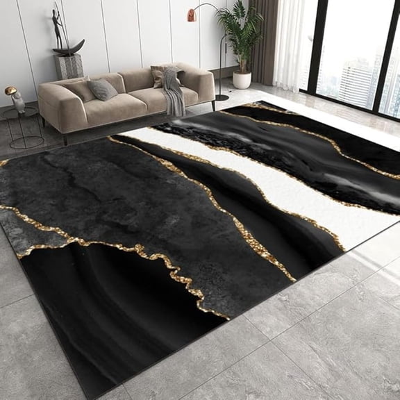 Black White Ink Painting Area Rug, Abstract Gradient Gold Lines Large Soft Indoor Washable Rug, Non-Slip Machine Washable Floor Carpet For Living Room Kitchen Bedroom 1x2ft