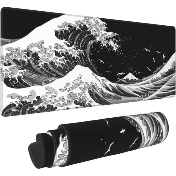 Black and White Japan Japanese Sea Wave Gaming Mouse Pad 31.5 X 11.8 Inch XL Extended Large Keyboard Non-Slip Rubber Base with Stitched Edges for Home Office