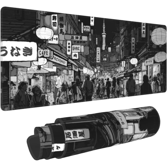 Black White Japanese Anime Mouse Pad 31.5x11.8 XL Street Design Kawaii Style Extended Mousepad Large Keyboard Mouse Mat Desk Pad with Non-Slip Rubber Base Stitched Edges for Home Office Game