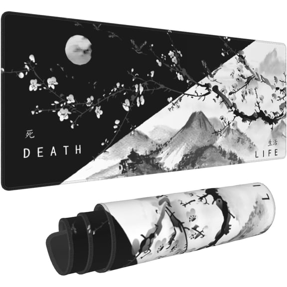 Black White Japanese Cherry Blossom Gaming Mouse Pad 31.5 X 11.8 Inch XL Pink Cool Design Big Mousepad Extended Large Laptop Keyboard Non-Slip Rubber Base with Stitched Edges for Home Office