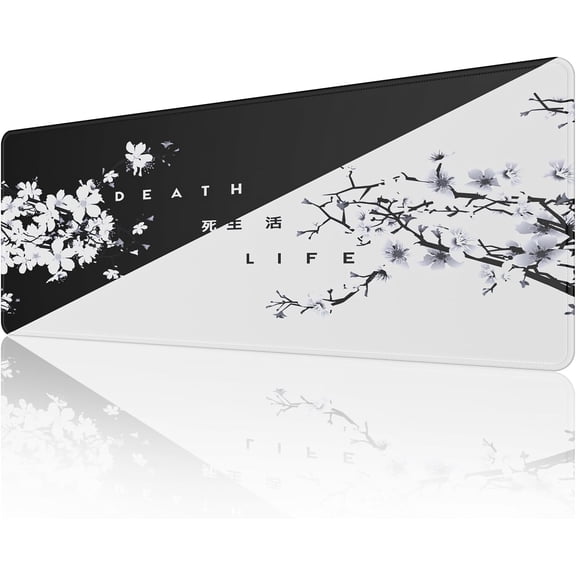 Black & White Japanese Cherry Blossom Mouse Pad - Extended Large Mouse Mat, Stitched Edges, Non-Slip Rubber Base, Ideal for Gaming, Home Office, 31.5x11.8 Inch