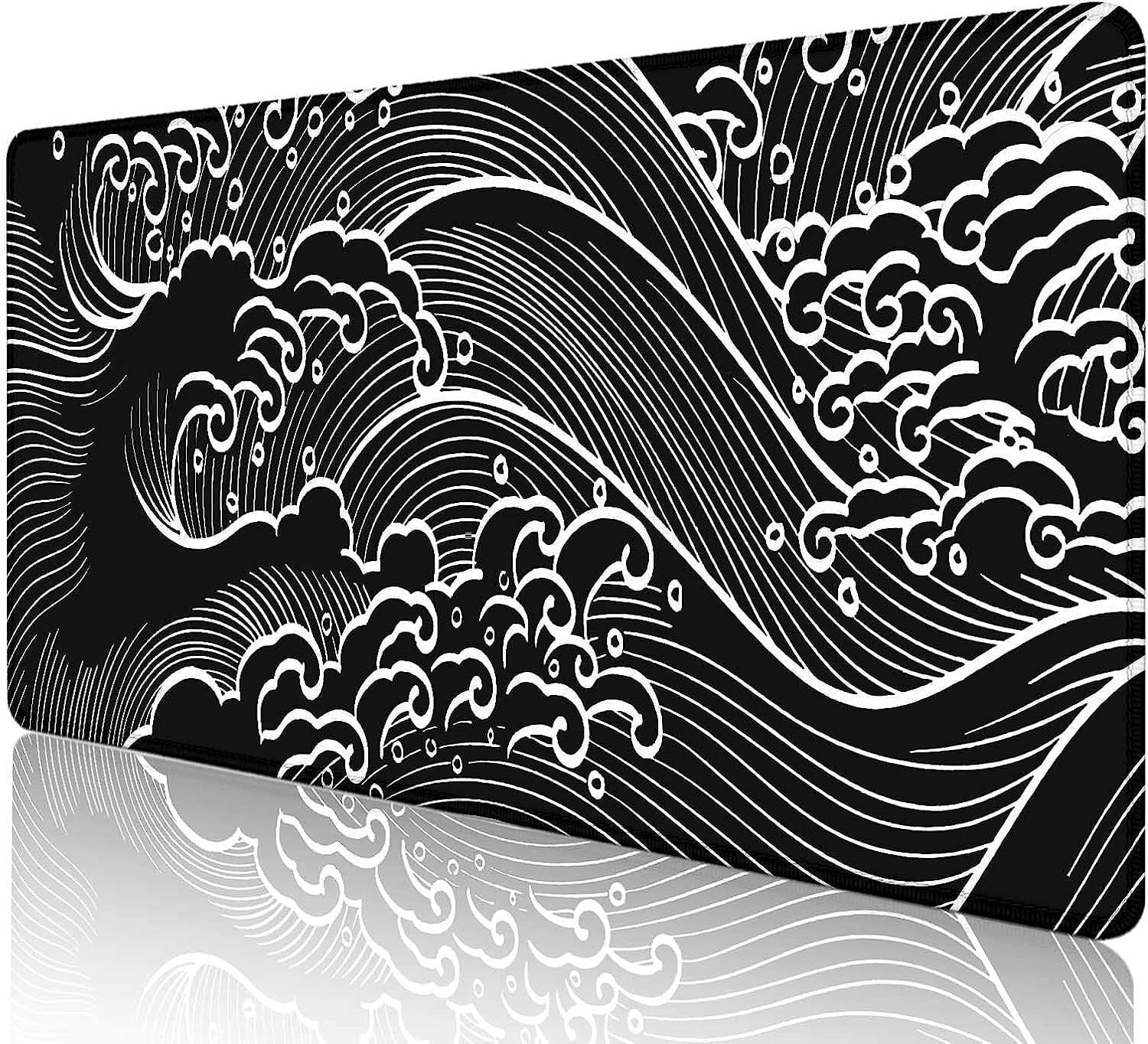 Black and White Japanese Great Wave Gaming Mouse Pad, XL XXL Large Mousepad, Big Extended Mouse Pad, Non-Slip Rubber Base Office Line Art Desk Pad for Men Women- 35.4 x 15.7 in, Abstract Ocean