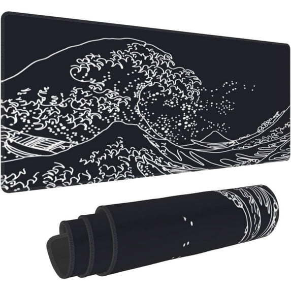 Black and White Japanese Kanagawa Sea Wave Painting Gaming Keyboard Mouse Pad Mousepad Huge Extended XL Stitched Edge Rubber Sole for Home Office(31.5"X 11.8")