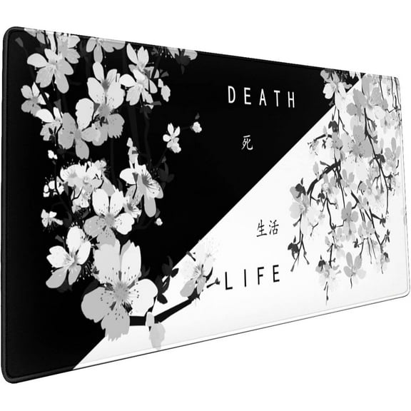 Black White Japanese Mouse Pad 35.4 X 15.7 Inch XXL Cherry Blossom Death Life Full Desk Mousepad Extended Large Non-Slip Rubber Base Big Keyboard Mat with Stitched Edges for Gaming and Office