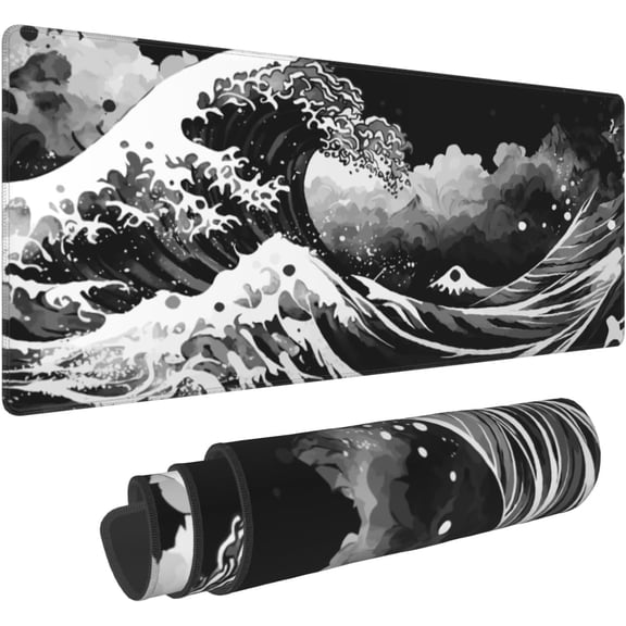 Black White Japanese Sea Wave Large Mouse Pad 31.5x11.8 XL Cool Design Style Extended Mousepad Keyboard Mouse Mat Desk Pad with Non-Slip Rubber Base Stitched Edges for Home Office Game