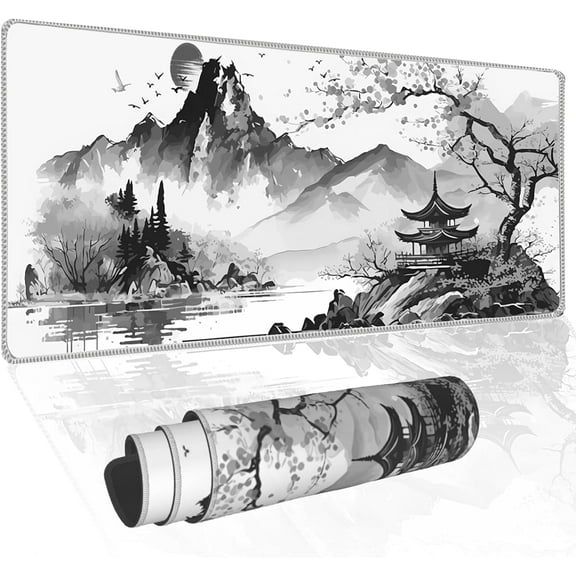Black and White Japanese Watercolor Cherry Blossom Sakura Gaming Mouse Pad,XL Extended Keyboard Mouse Mat Desk Pad with Non-Slip Rubber Base Stitched Edges for Office Home Game,31.5 X 11.8 Inch