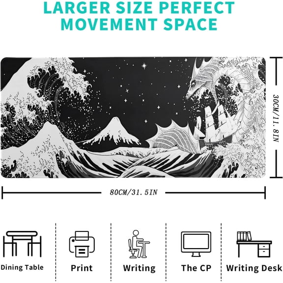 Black and White Japanese Wave Dragon Gaming Mouse Pad - Abstract Mat with Non-Slip Rubber Base, 31.5x11.8 Inch, Stitched Edges - Desk Pad for Office and Home