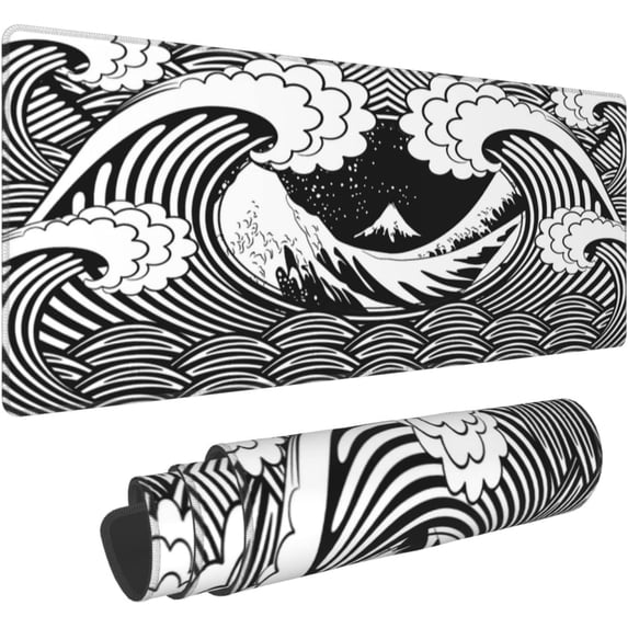 Black and White Japanese Wave Gaming Mouse Pad XL, Large Non Slip Rubber Mousepad, Stitched Edges Desk Pad, Long Extended Mice Pad,31.5'''' X 11.8''''