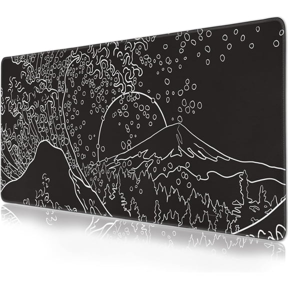 Black and White Japanese Waves sea Mouse Pad Extended Gaming Mouse Pad 35.4x15.7 in Large Non-Slip Rubber Base Desk Protector with Stitched Edges Japanese Full Desk Mousepad XXXL