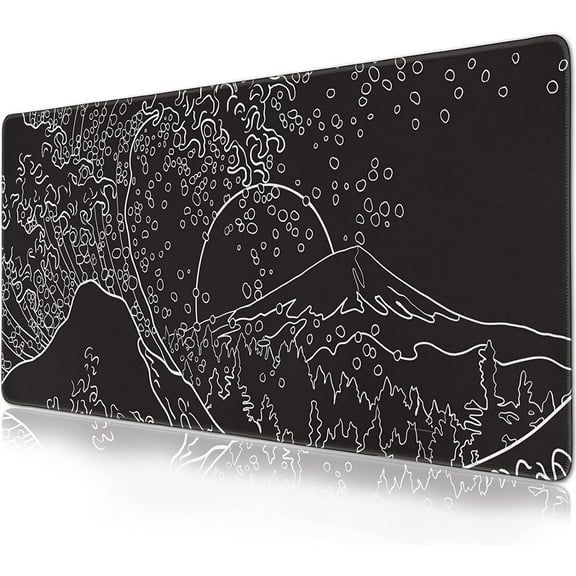 Black and White Japanese Waves sea Mouse Pad Extended Gaming Mouse Pad 35.4x15.7 in Large Non-Slip Rubber Base Desk Protector with Stitched Edges Japanese Full Desk Mousepad XXXL