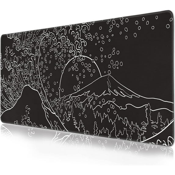 Black and White Japanese Waves sea Mouse Pad Extended Gaming Mouse Pad 35.4x15.7 in Large Non-Slip Rubber Base Desk Protector with Stitched Edges Japanese Full Desk Mousepad XXXL