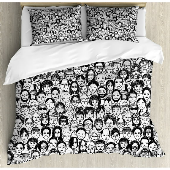 Black and White King Size Duvet Cover Set, An Assortment of Portraits of Happy People Many Ethnicities Sketch Style, Decorative 3 Piece Bedding Set with 2 Pillow Shams, Black White, by Ambesonne