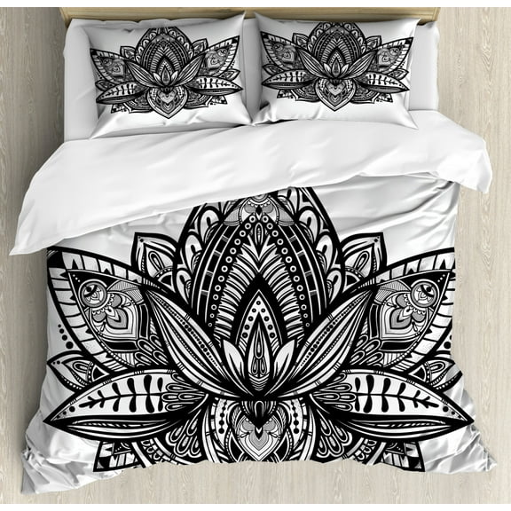 Black and White King Size Duvet Cover Set, Zen Lotus Flower Paisley Leaves Yoga Spiritual Style Meditation Chakra, Decorative 3 Piece Bedding Set with 2 Pillow Shams, Black and Grey, by Ambesonne