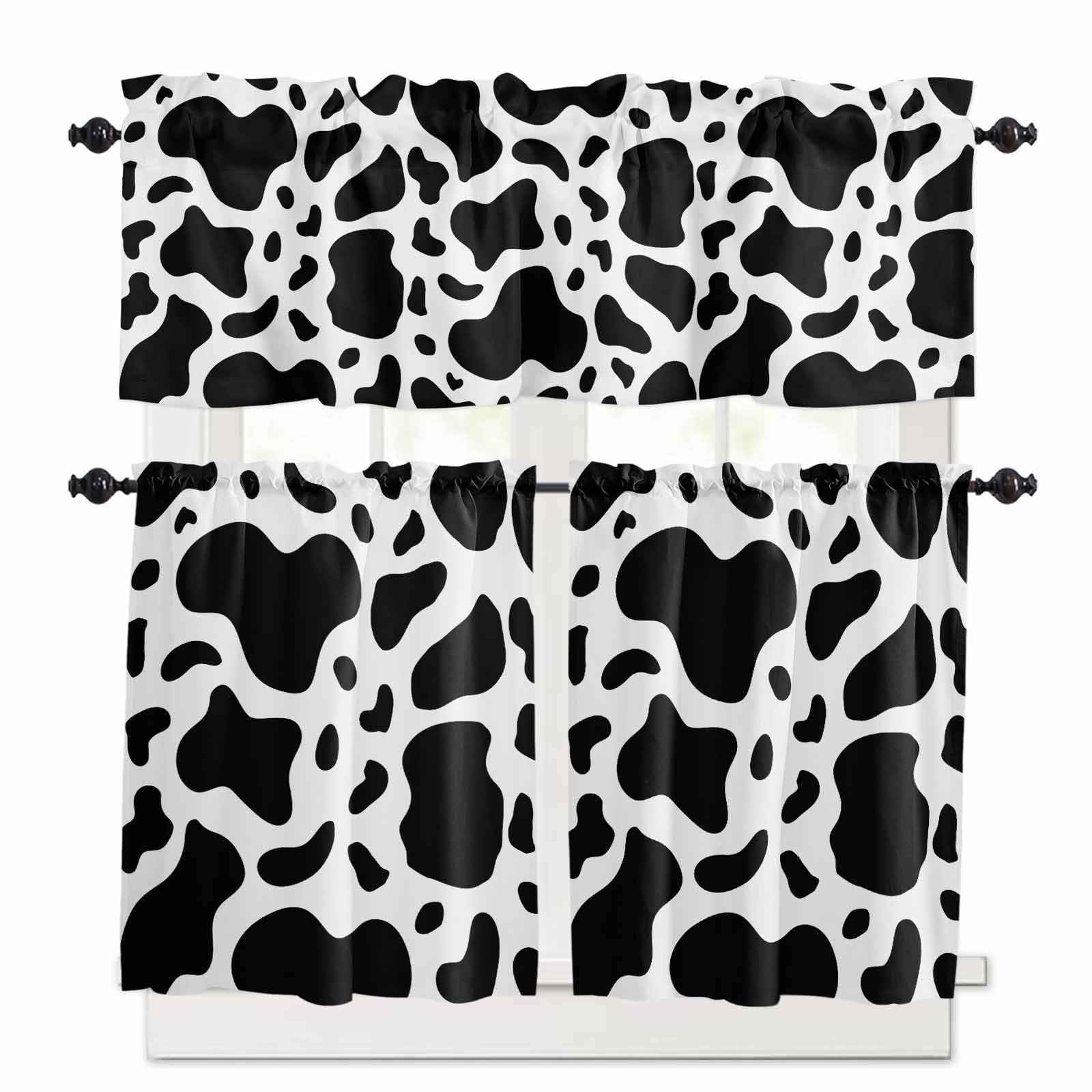Black and White Kitchen Curtain Set, Farmhouse Cow Black White Window