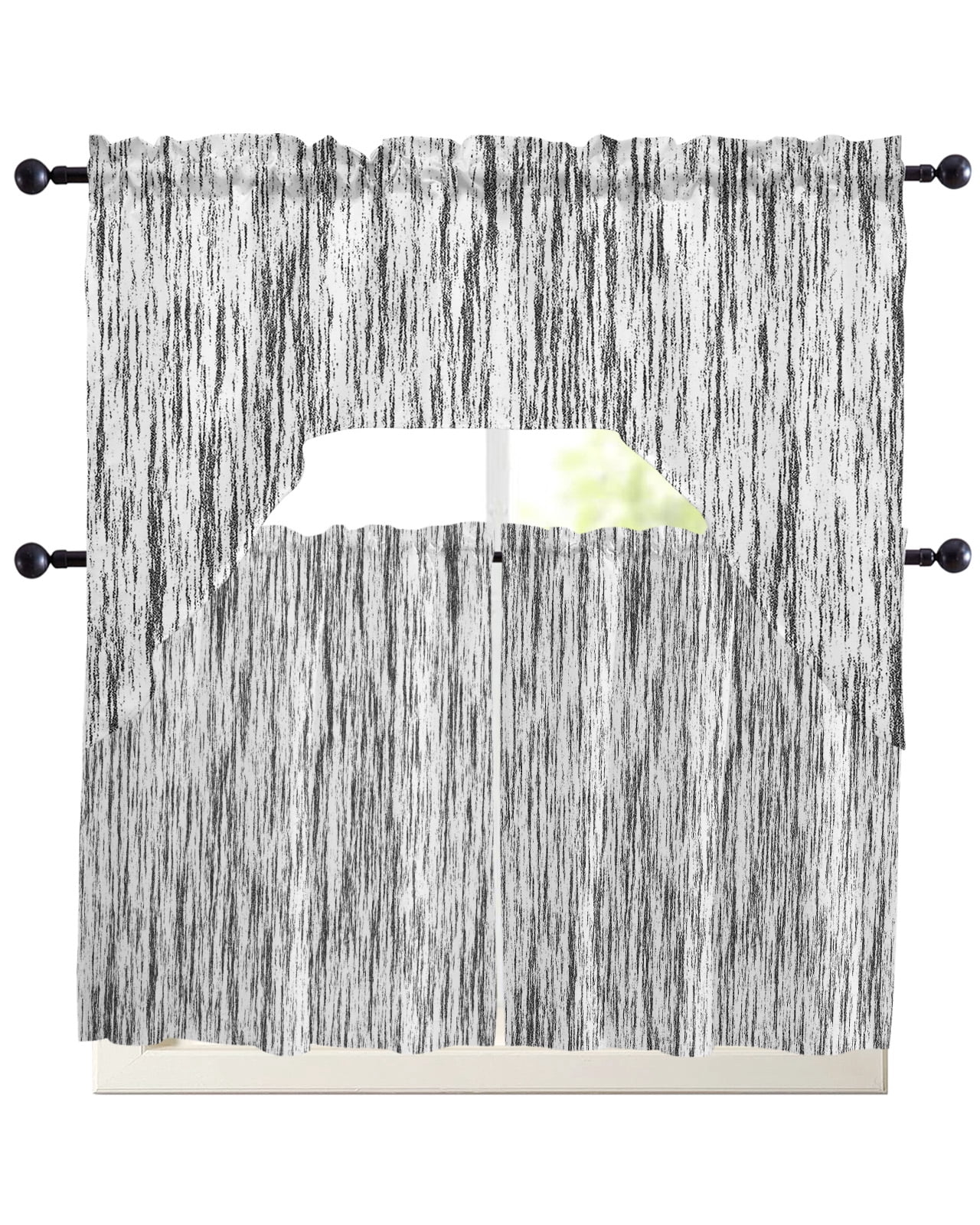Black and White Kitchen Curtain and Valance Set 3 Pieces,Rod Pocket ...