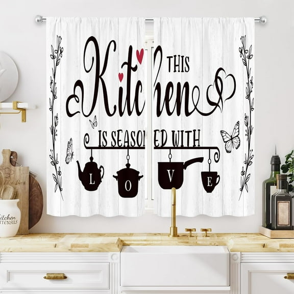 Black White Kitchen Curtains 55Wx39H Inch Rod Pocket Rustic Farmhouse Wooden Plank Country Bedroom Window Drapes Vintage Quotes Printed Living Room Window Treatment Fabric 2 Panel