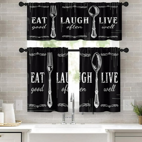 Black White Kitchen Curtains Farmhouse Window Curtains Valance and Tier Set 36 Inch, Eat Good Laugh Often Live Well Rod Pocket Short Tier Curtain, Abstract Small Curtains for Kitchen Decor