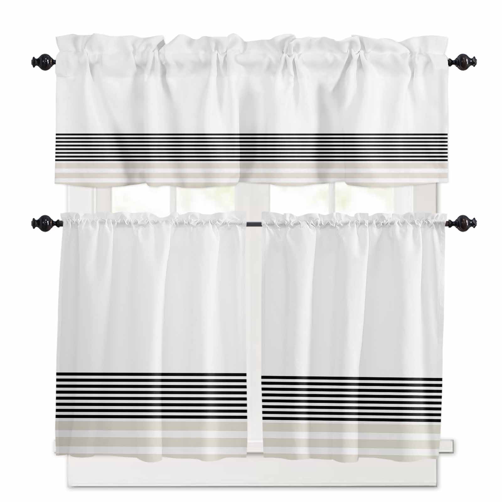 Black White Kitchen Curtains Set for Windows 3 Pieces, 24 Inch Length ...