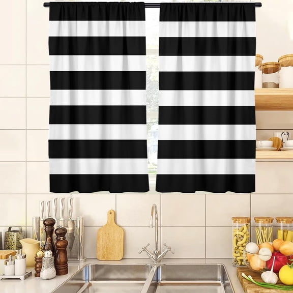 Black and White Kitchen Curtains Striped Boho Modern Trendy Simple Neutral Small Short 27.5" W x 39" L Window Treatment Tiers for Bedroom Living Room Bathroom 2 Panels Rod Pocket Drapes