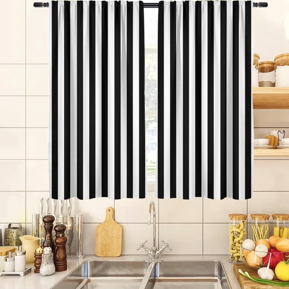 Black and White Kitchen Curtains Striped Simple Trendy Neutral Art Boys Men Teen Small Short 27.5" W x 39" L Window Treatment Tiers for Bedroom Living Room Bathroom 2 Panels Rod Pocket Drapes