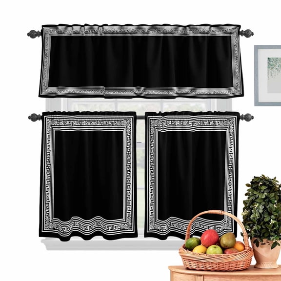 Black White Kitchen Curtains Valances 3 Piece Set, Geometric Greek Key Bordered Abstract Art Rod Pocket Tier Curtain and Valance Drapes for Small Window 36 Inch Length for Bedroom Cafe
