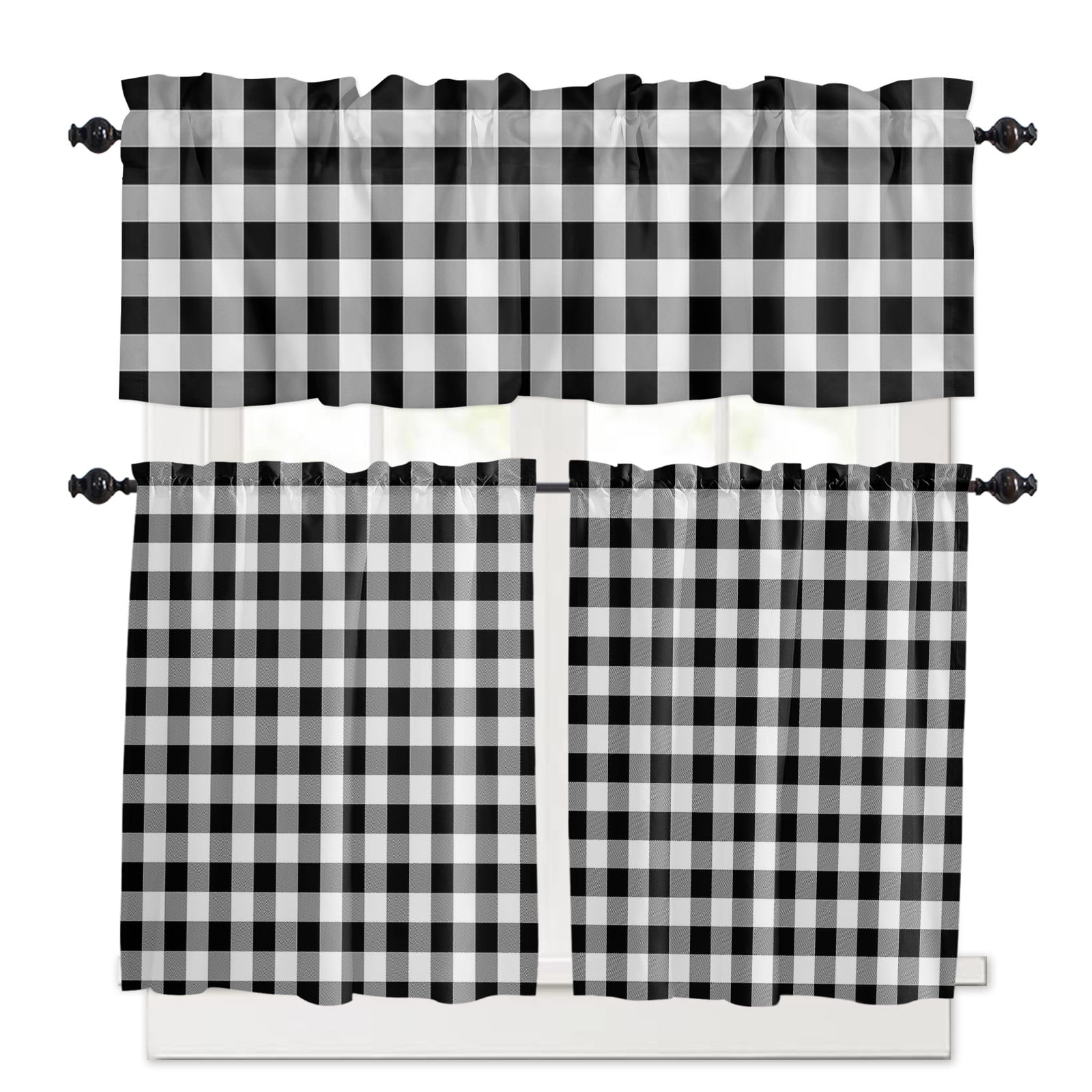 Black White Kitchen Curtains Valances and Tiers Set of 3, 24 Inch ...