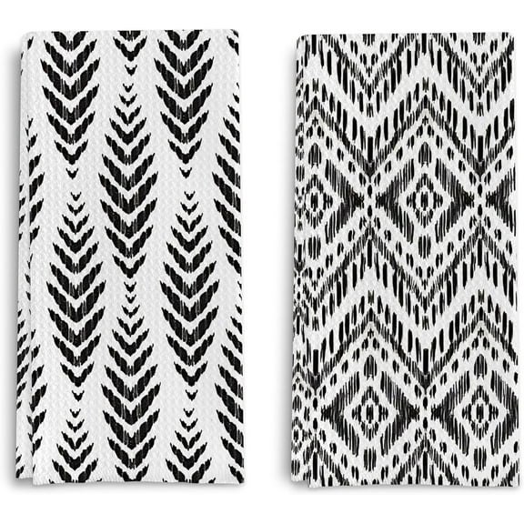 Black and White Kitchen Dish Towels Set of 2 - Mid Century Modern Boho Leaf Pattern Decorative Hand Towels for Bathroom Kitchen, Modern Home Decor, Black and White Dish Towels 18x26 Inches